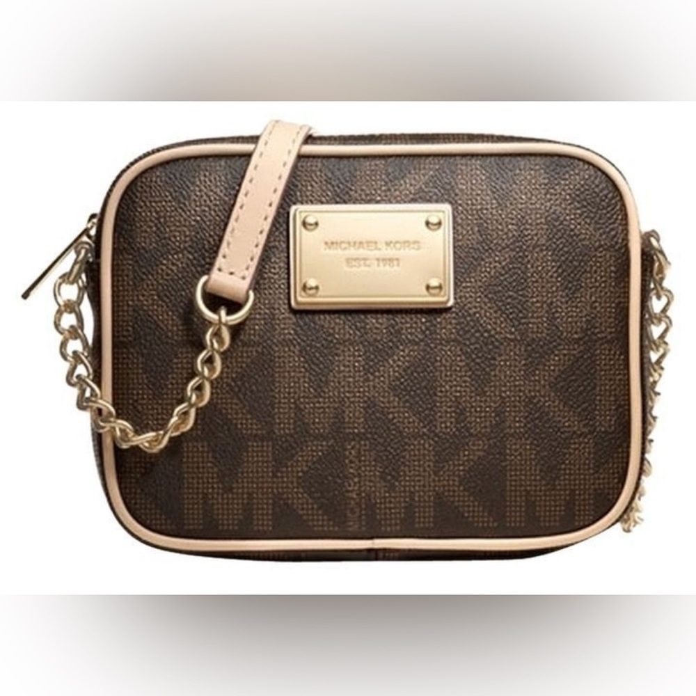 Michael Kors Dark Brown Monogram Camera Crossbody Bag with Gold Accents